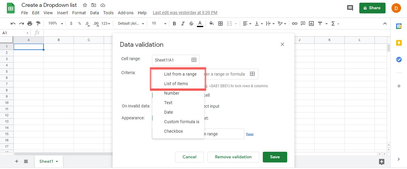 How to Create Dropdown List in Google Sheets - Dignited